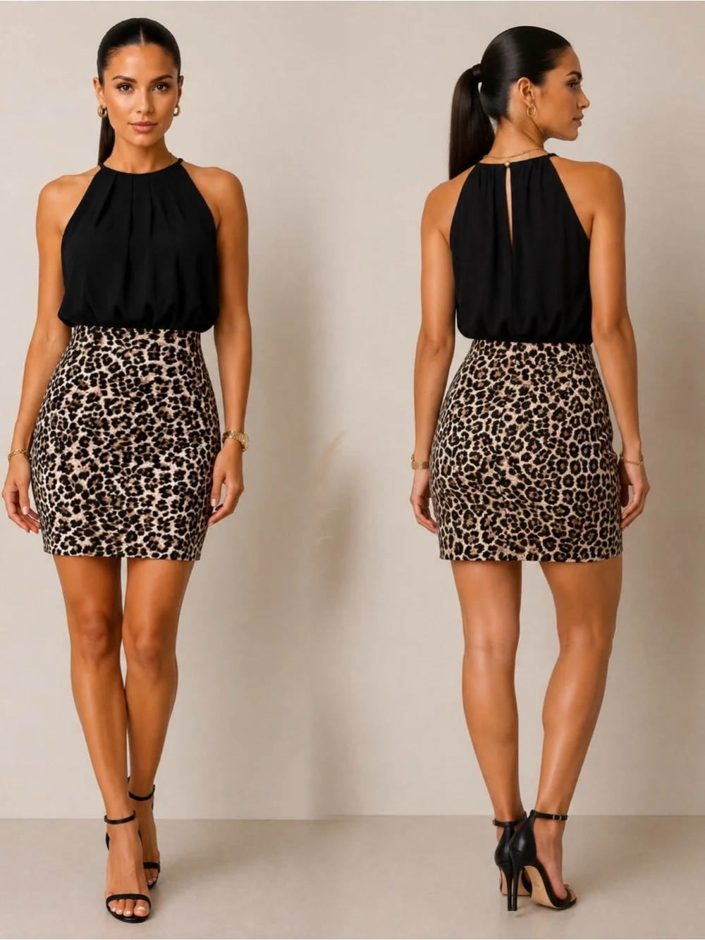 Trac Black Halter Top with Leopard Print Skirt Dress